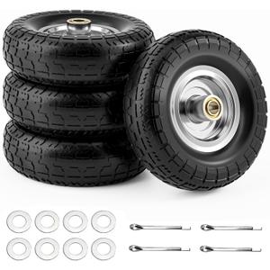4.10/3.50-4 Flat Free Tire and Wheel, 4 Pack 10" Solid PU Heavy Duty Tires with 300LB Load Capacity, 5/8" Axle Bore Hole & 2.2" Offset Hub for Wagon Dolly Garden Cart Wheelbarrow Parts, 4.10/3.50-44 4 Pack