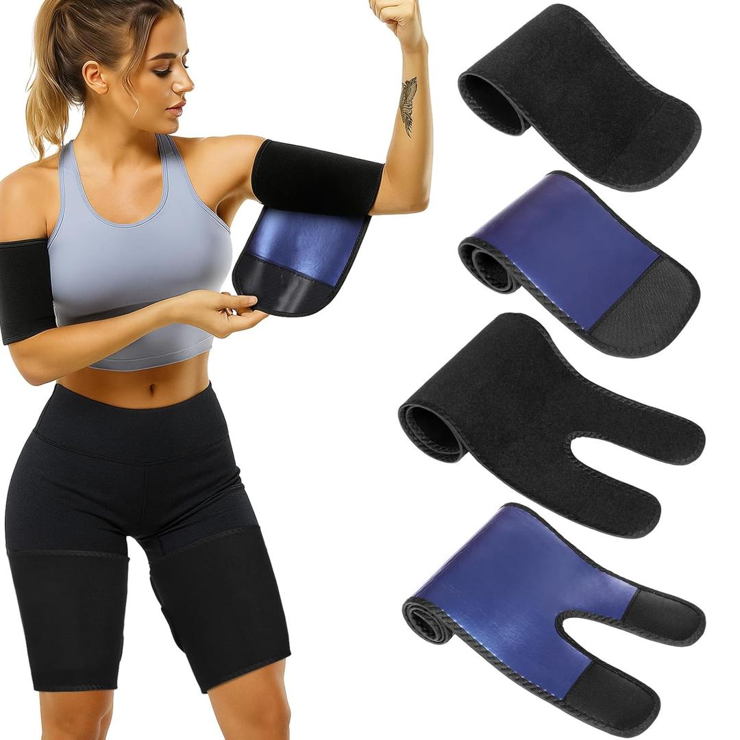 4 Pcs Thigh Wraps & Arm Trimmers Set Thigh and Arm Sweat Bands Slimmer Leg Wrap Compression for Weight Loss(Black and Blue)