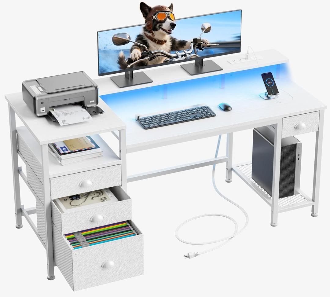 Furologee 60" Computer Desk with 4 Drawers and Printer Space, Gaming Desk with LED Lights and USB Power Outlets, Home Office Desk with Fabric File Cabinet, Study Work Table with Shelf for Bedroom