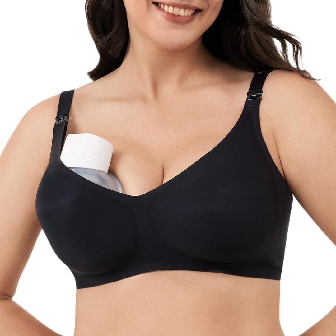 Wireless Hands-Free Pumping Bra, Adjustable with Extendable Straps and Hook Extender, Comfort Sleep Pumping & Nursing Bra (Black, XXXL)