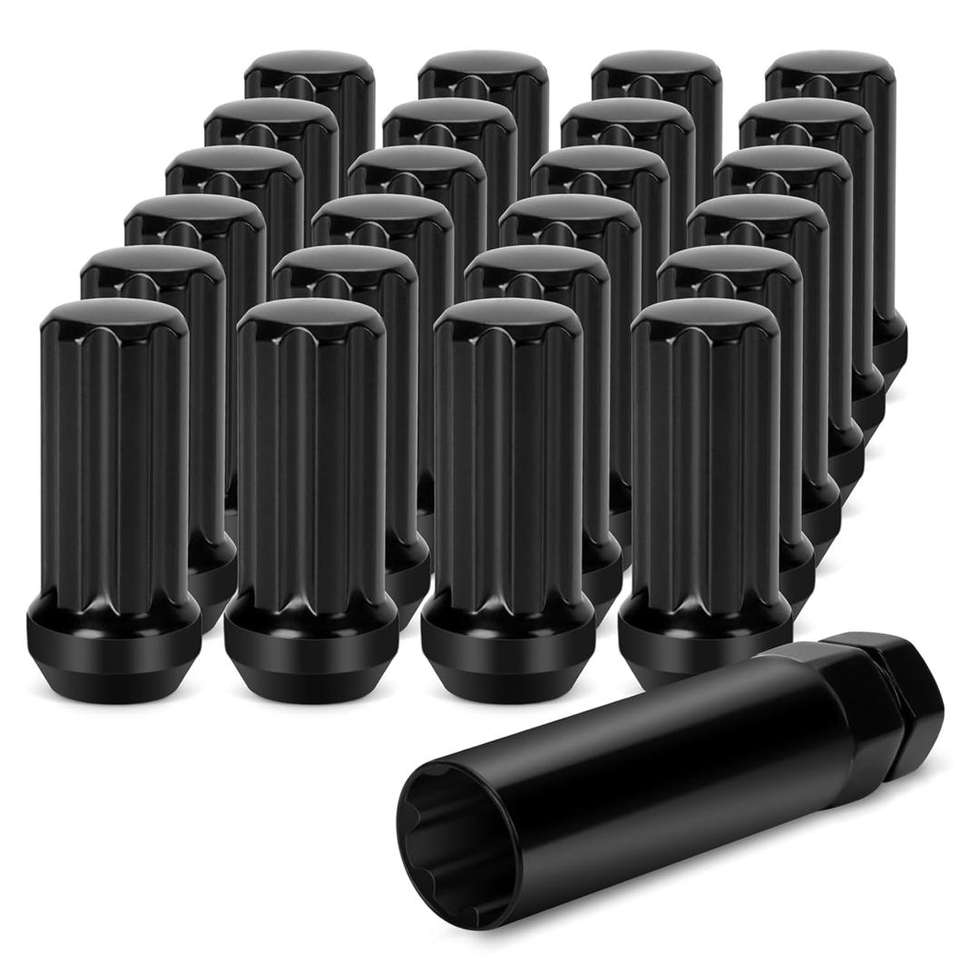 Dynofit 14x1.5 Spline Lug Nuts Compatible with Chevy Silverado 1500 GMC Sierra Ford,Aftermarket Wheel Lug Nuts Set for F150 2015-2024, 24PCS Black Truck Nuts Sets Include 1 Socket Key for Fuel Wheel