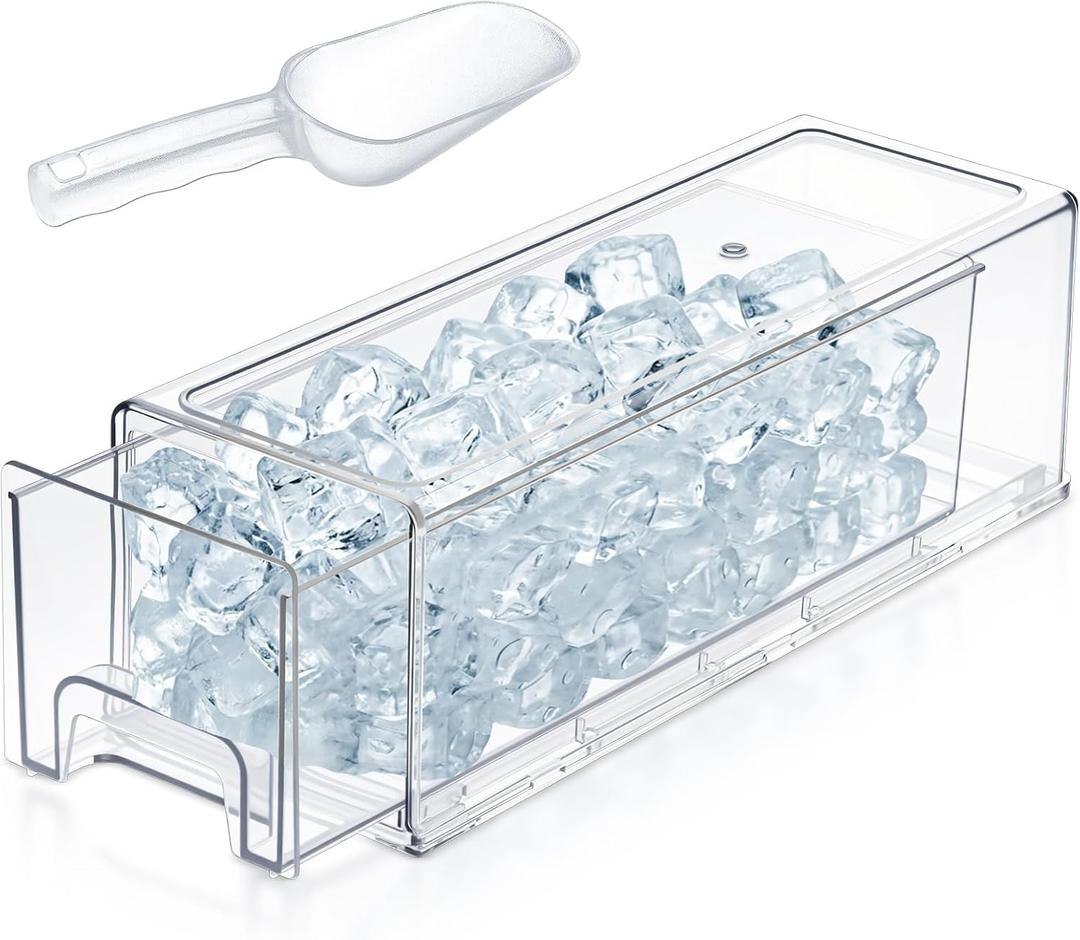 Havawish Stackable Ice Storage Bin for Freezer with Scoop Clear Pull-Out Ice Bucket Plastic Containe with Front Slide-Out Drawer Food Storage Organizer Holder for Kitchen, RV, 12.6 x 4.7 x 4.3 Inch