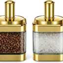 2 Pcs Glass Condiment Pot, Gold Spice Jars with Lids and Spoons Glass Condiment Containers Seasoning Pot Set Salt Box Sugar Dispenser for Kitchen Dining Room Counter Flour Sugar