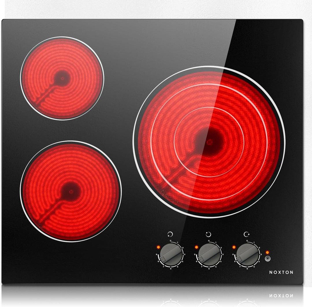 Noxton 24 Inch Electric Cooktop 3 Burners Electric Stove Top, Built-in 24" Radiant Electric Ceramic Cooktop with Knob Control, Hot Surface Indicator, 220-240v,5700W,No Plug, Hard Wire