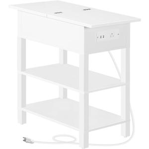 HOOBRO End Table with Charging Station, Flip Top Side Table with USB Ports, Narrow Nightstand Bedside Tables with Storage Shelves, for Small Space, Living Room, White WT141UBZ01