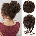 HMD 2PCS Messy Bun Hair Piece Curly Wavy Hair Bun with Elastic Rubber Band Synthetic Chignon Updo Fake Bun Hair Scrunchies for Women (Darkest Brown Mived Light Auburn #)
