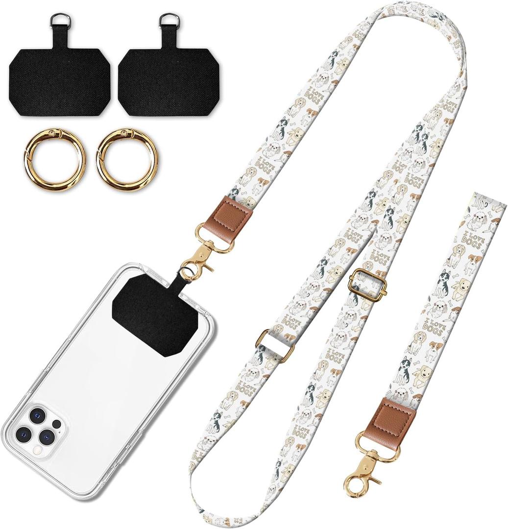 Cell Phone Lanyard Adjustable Crossbody Strap, Cute Universal Phone Neck Wristlet Wrist Strap Patch for Keys Case Accessories Cute White Dogs