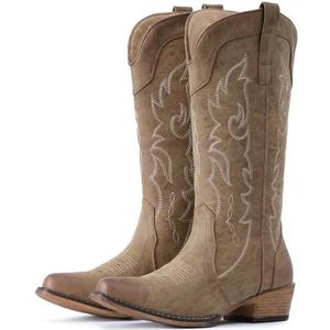 IUV Cowboy Boots for Women Mid Calf Fashion Cowgirl Boots with Embroidery Western Snip Toe 8.5