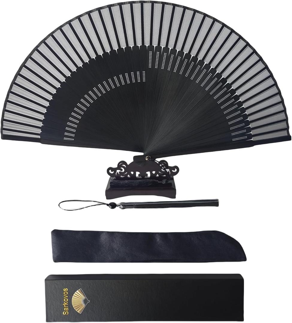 HandHeld Silk Folding Fan with Bamboo Frames 8.66"(22cm) Chinese/Japanese Style Hand Fan for Dancing Cosplay Wedding Party Props Decoration,Birthday gift (Black1)