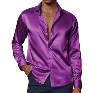 PJ PAUL JONES Men's Shiny Satin Dress Shirts Long Sleeve Button Down Silk Shirt with Bow Tie (Medium, Purple)
