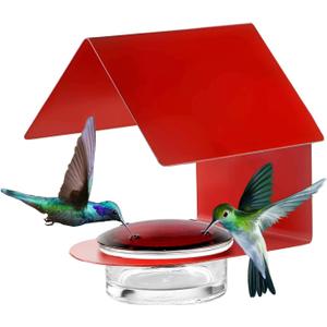 Cottage Hummingbird Feeder |Glass Hummingbird Feeder with 3.4 Ounce Nectar Capacity| 4 Feeding Ports & Wide Mouth Bowl, Hanging Bird Feeder with Recycled Glass Lid, Red