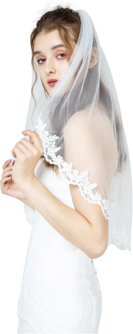 BEAUTELICATE Wedding Bridal Veil with Comb 1 Tier Lace Applique Edge (Ivory - Elbow Length 28")