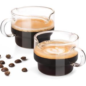 2Pcs Espresso Cups, Coffee Bar Accessories 4Oz Stackable Double Spouts Espresso Shot Glass, Clear Coffee Cups with Handle, Espresso Accessories for Coffee Bar