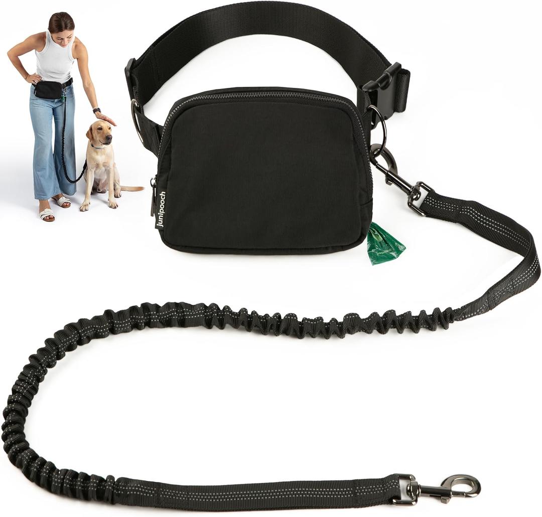 Hands Free Dog Leash with Dog Treat Pouch - Stylish & Trendy Waist Leash for Dog Walking - Wear on Waist or Crossbody - Durable & Detachable - Shock Absorbing - Waste Bag Dispenser - Walk or Run (Black)