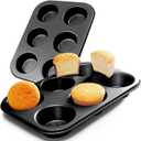 2 Steel Muffin Pan for Baking, Round Muffin Baking Pan, Baking Tray for Muffins, Cupcakes, Brownie(Black, 6 Cup)