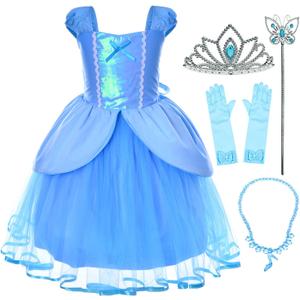 Joy Join Princess Costume Blue Dress for Toddler Girls Dress Up With Gloves,Crown,Wand,Necklace (Blue, 5-6Y)