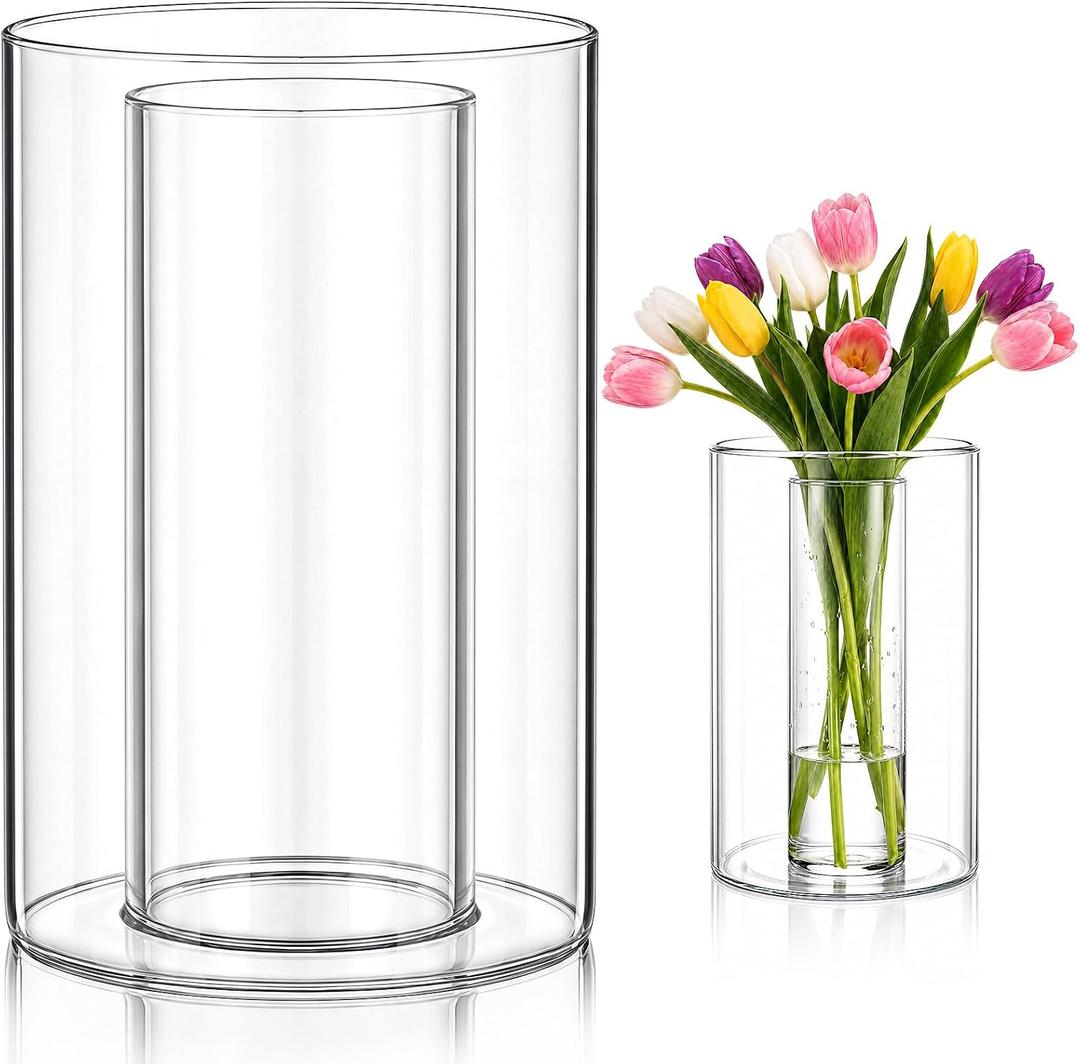 Vase in Vase Double-Walled Glass Cylinder Vases 7.8 Inch Tall for Vases Filler Wedding Decoration Clear Centerpieces for DIY Floral Arrangements Seasonal Home Indoor Table Decor(4.7" & 2.7")