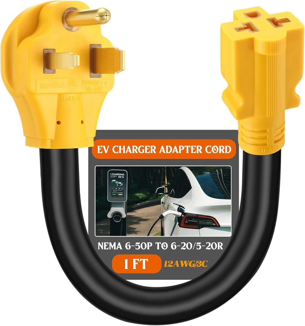 Tellegloww 6-50P to 6-20/15R or 5-20/15R Welder EV Adapter Cord Compatible with NEMA 50 Amp 3 Prong 240V to 20/15 Amp 3 Prong 240V 6-20/15R or 5-20/15R T Blade for Welder EV Charger, 12 AWG, 1FT