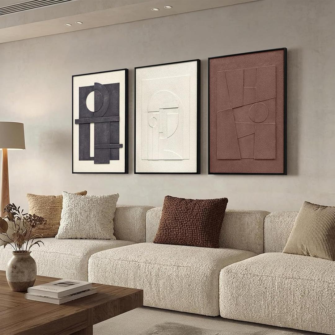 3D Textured Framed Wall Art, 3 Piece Neutral Artwork for Walls, Modern Minimalist Wall Paintings, White Black Geometric Texture Wall Decor for Living Room, Hallway, Office, 16x24In, 16" x 24" x 3 Panels Framed