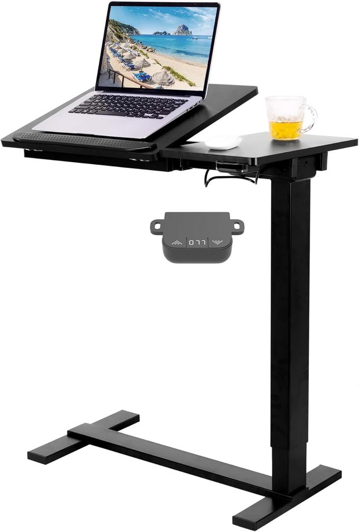 Fromann Electric Height Adjustable Standing Laptop Desk Movable Sit to Stand Desk,Overbed Bedside Laptop Table with Tilting Board and Wheels for Home Office (Black)