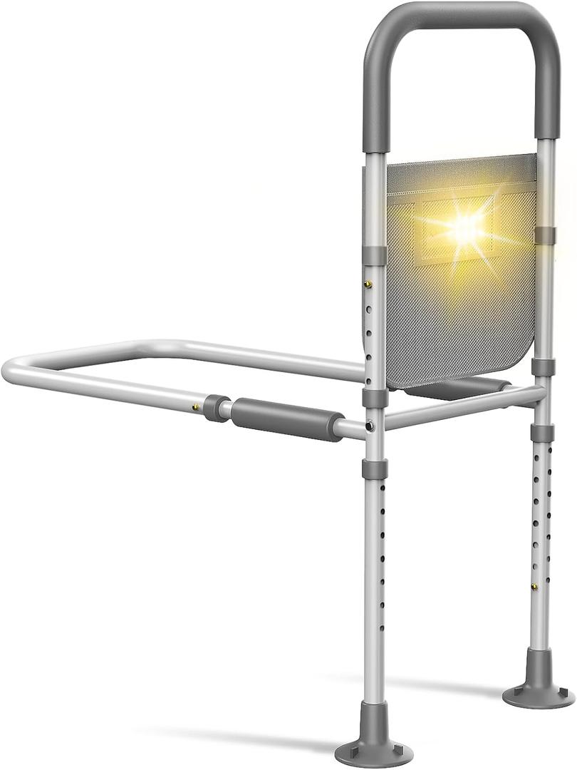 Bed Rails for Elderly Adults Safety: with Motion Sensor Light & Storage Bag -Adjustable Bed Assist Rail for Seniors - Side Bed Rail Handle Support Bar Guard Rails - Fit King Queen Full Twin Bed (Grey)