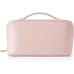 Vlando Makeup Bag,Large Capacity Toiletry Bag for Women Waterproof Portable Make up Pouch PU Leather Open Flat Cosmetic Bag(Peach Pink)