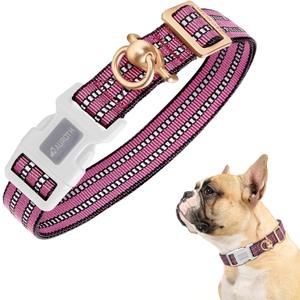 Auroth Dog Collar for Medium Large Dogs, Reflective Dog Collar, Soft Nylon Adjustable Dog Collars with Heavy Duty Metal D Ring Tangle Free (Medium:12"-19.6", Pink)