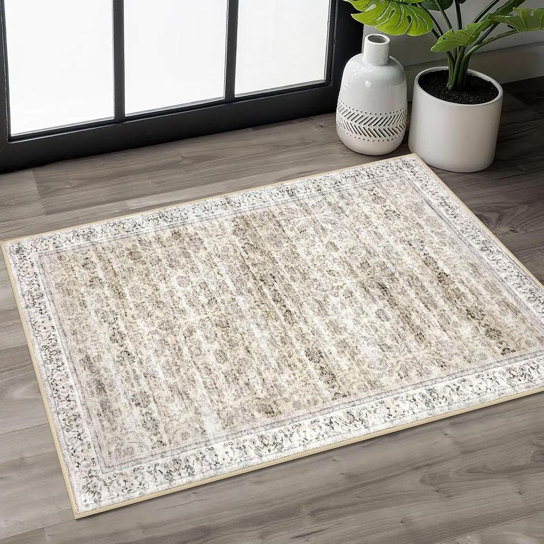 2x3 Beige Yellow White Washable Rugs Soft Area Rug for Door mat Indoor, Non-Slip Indoor Door Mat Distressed Floral Low-Pile Neutral Vintage Carpet for Entrance Kitchen Farmhouse