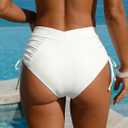 Leoparts Womens V Cut Bikini Bottoms Ruched Tummy Control Bathing Suit Bottom High Cut Drawstring Swimsuit Brief (White, L)