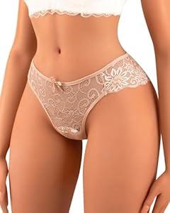 Banamic Womens Underwear Sexy Thong Lace Underpant Back Coverage Panties Nude, Size S