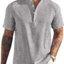 COOFANDY Mens Linen Shirt Summer Band Collar Henley Shirts Short Sleeve Stylish Casual T Shirt Big and Tall Shirts Grey, Medium