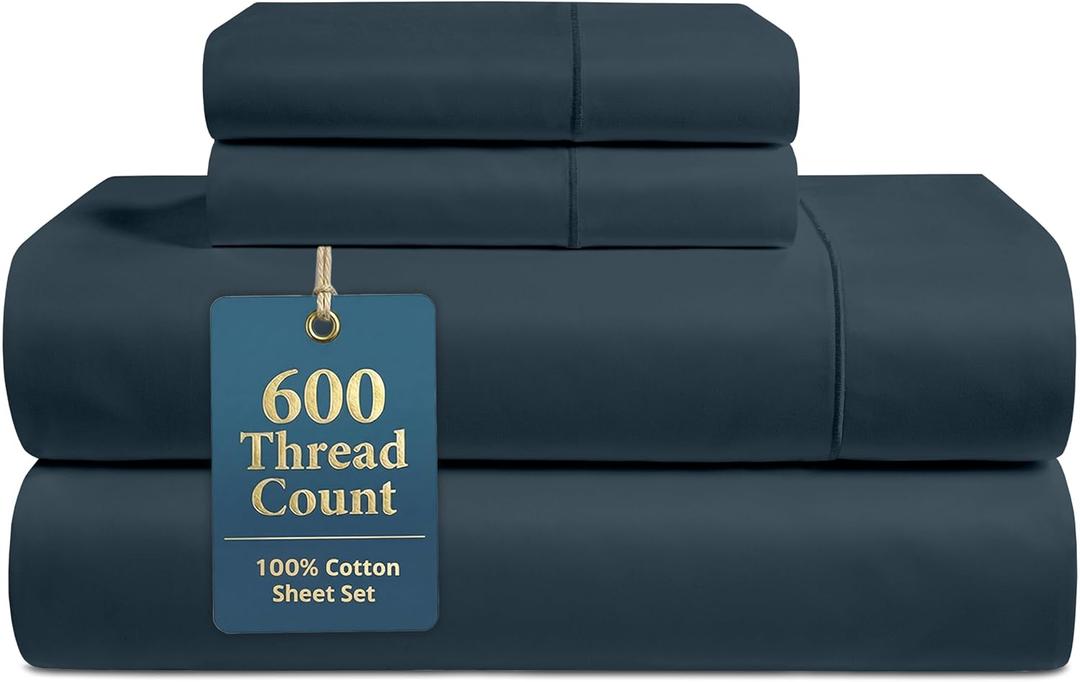 LANE LINEN 100% Cotton Sheets Queen Size  600 Thread Count Naturally Cooling Queen Bed Set, Durable Bedding for Daily Use, Luxury Sateen Finish, Snug Fit 15" Deep Pocket Fitted Sheet  Estate Blue