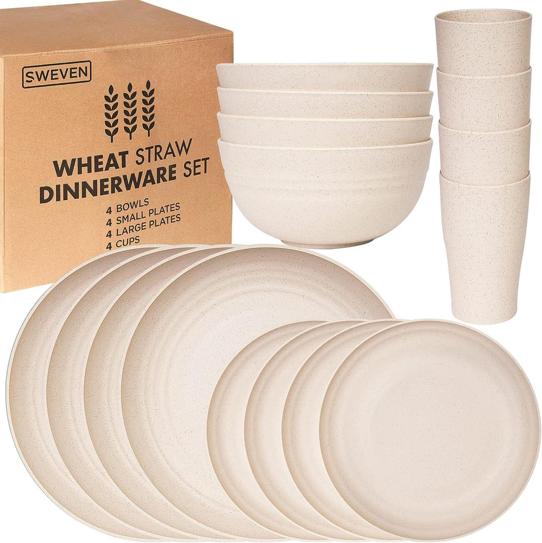Wheat Straw Dinnerware Sets | Unbreakable Dinnerware Sets | Dishwasher Microwave Safe Dinnerware | Eco Friendly Non Breakable Dinnerware Sets | RV Outdoor Camping (Beige, Service for 4 (16 pcs))