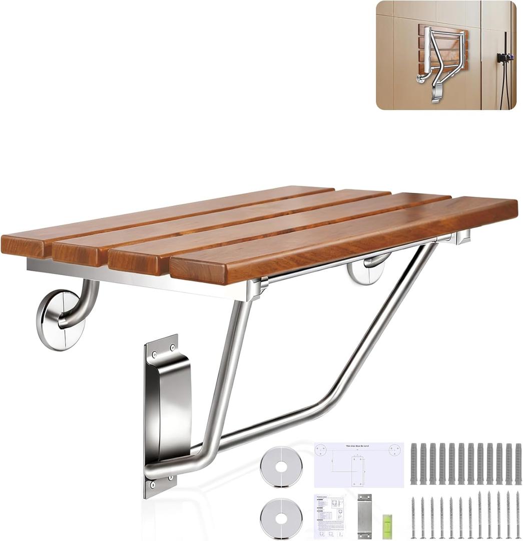 18 Inch Teak Folding Shower Seat Wall Mounted, 420 Lbs Capacity Sturdy Shower Bench with 316 Stainless Steel Frame & Finish Caps, Narrow Bathroom Space Saving Teak Wood Shower Chair