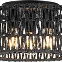 Rattan Ceiling Light Fixture, 3-Light Bohemian Modern Woven Ceiling Light, Black Boho Flush Mount Ceiling Light for Bedroom Living Room Dining Room, Bulb Not Included