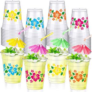 48 Set 12 oz Hawaiian Plastic Cups with Umbrella Straws Hibiscus Disposable Drinking Cups for Beach Hawaiian Luau Party Supplies Drinkware Decorations