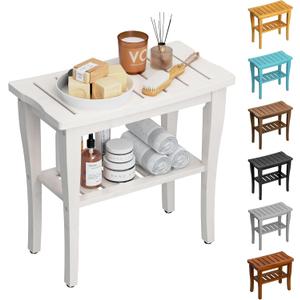 Bamboo Shower Bench Stool with Storage Shelf, Waterproof Shower Chair Spa Bath Seat, Shower Stool for Inside, Bathroom Bench Seat for Adults Elderly Seniors for Indoor or Outdoor Use(White)
