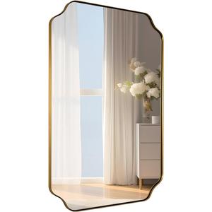 MIRRORART Gold Bathroom Mirror 24x36 Inch, Scalloped Mirrors for Bathroom Sink, Notched Corner Rectangle Mirror in 1 Stainless Steel Metal Frame Home Remodel Wall Mount Vertical/Horizontal