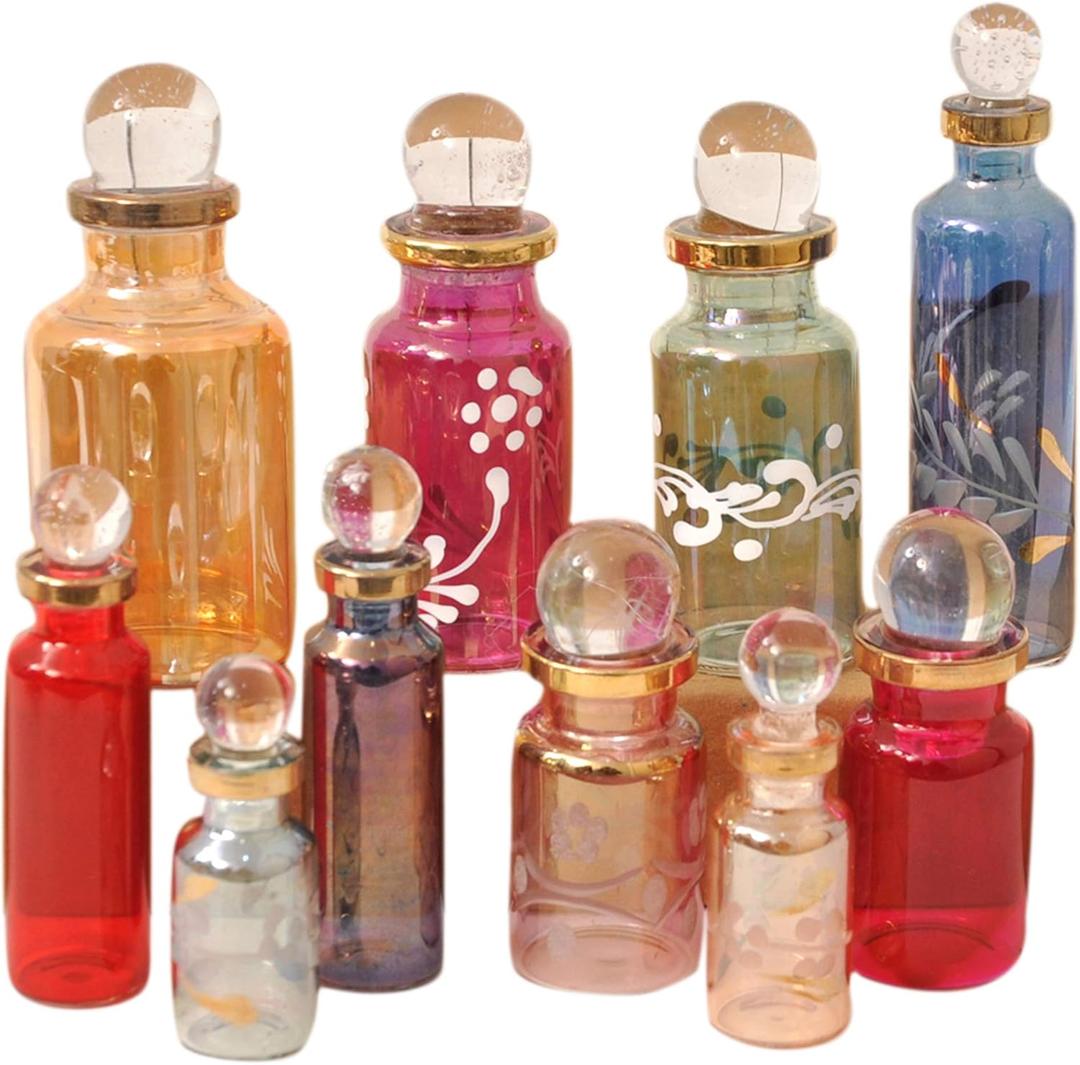Egyptian Perfume bottles, Empty Glass Mini Bottles for Perfume, Essential Oils or Potion - Set of 20 Decorative Small Vials, Each 2" High (5cm), Assorted Colors