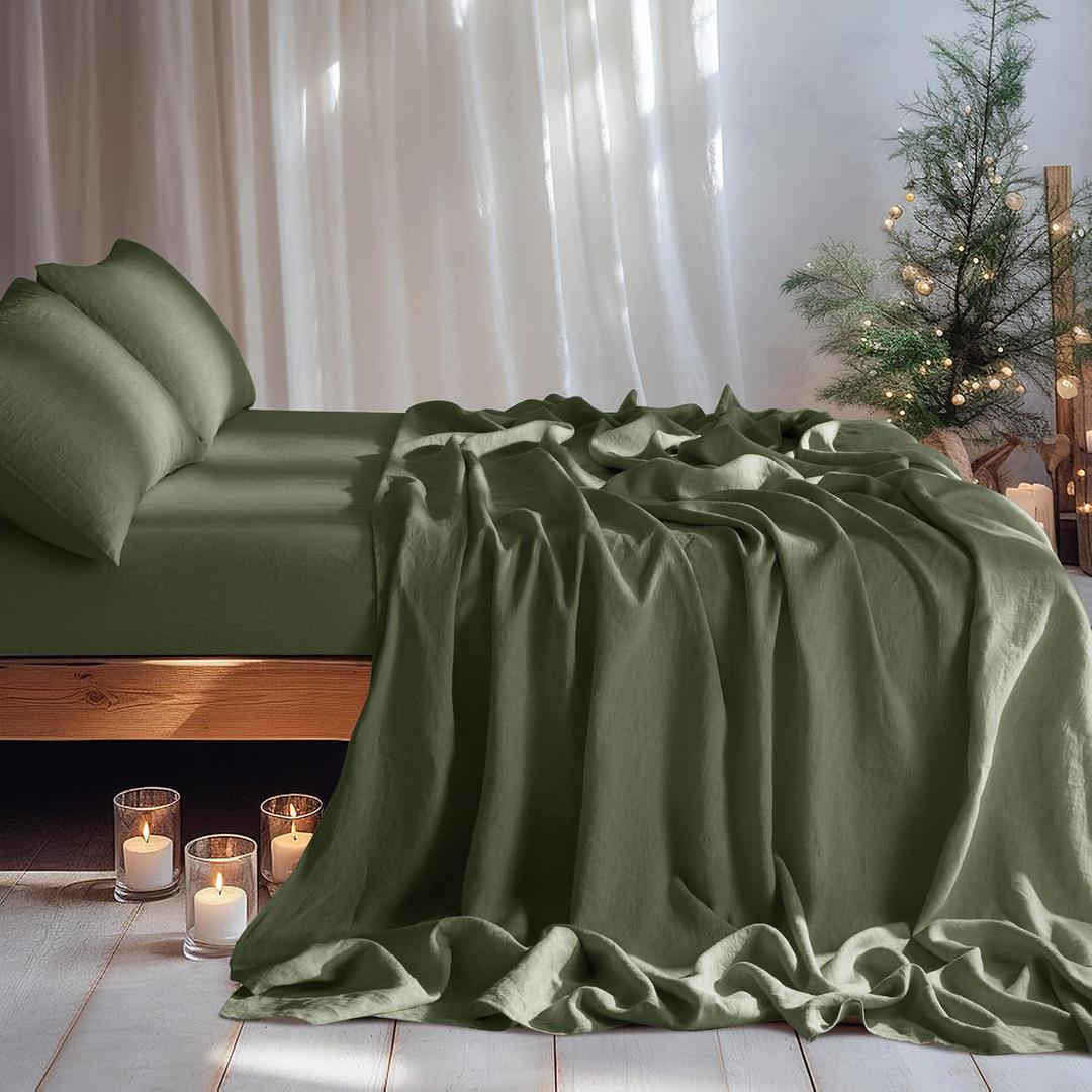 LBRO2M 100% Linen Sheet Set Deep Pocket Fit Up to 19" Bed Sheets Sets, Natural Flax Beddings Soft, Breathable, Comfortable for All Year Round 4 Pcs Sheet Set (King, Olive Green)