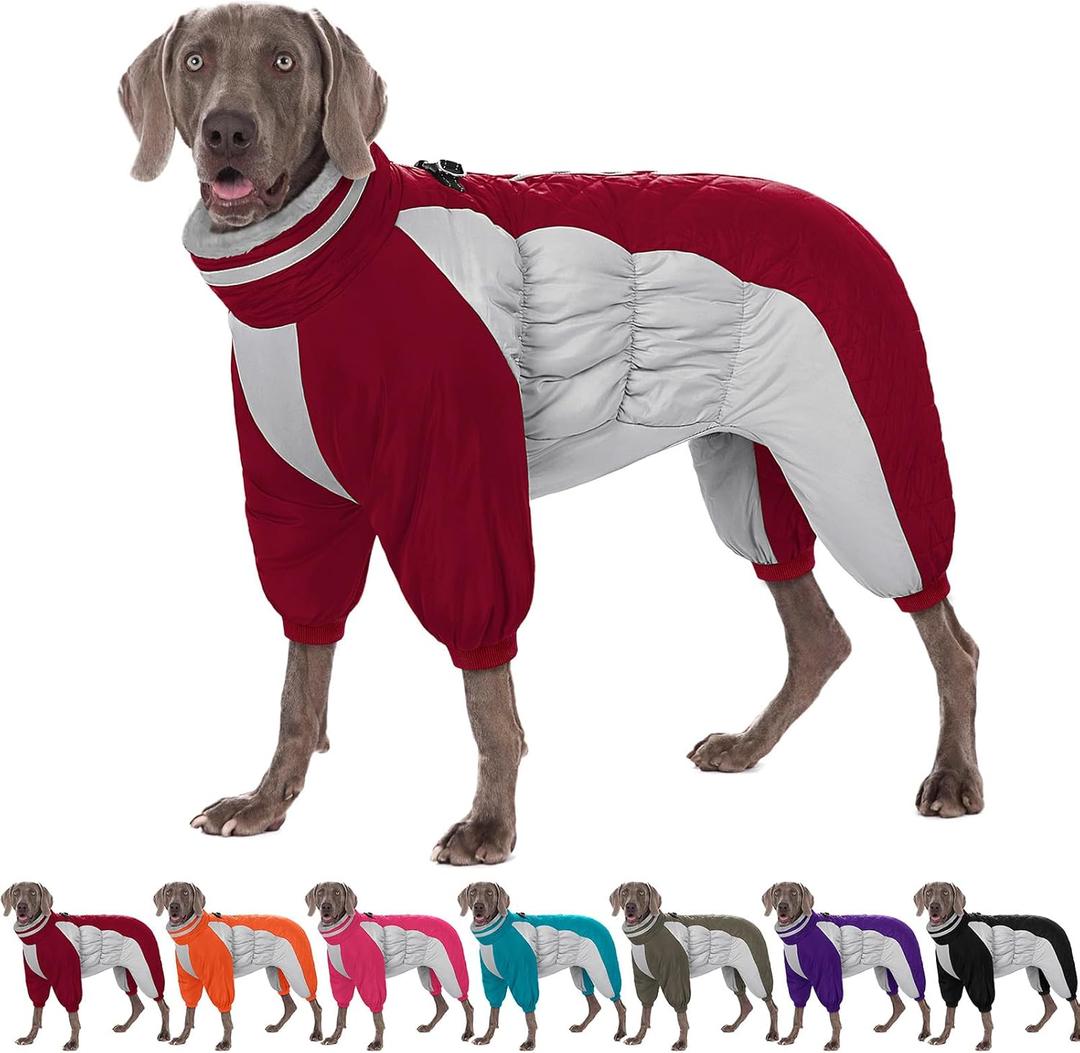 AOFITEE Fullbody Dog Coat Warm Fleece Dog Jacket, Windproof Dogs Winter Coat with Harness Built in, Reflective Turtleneck Dogs Snowsuit Puffer Jacket, Four Legged Pet Snow Suit, Christmas Red XL