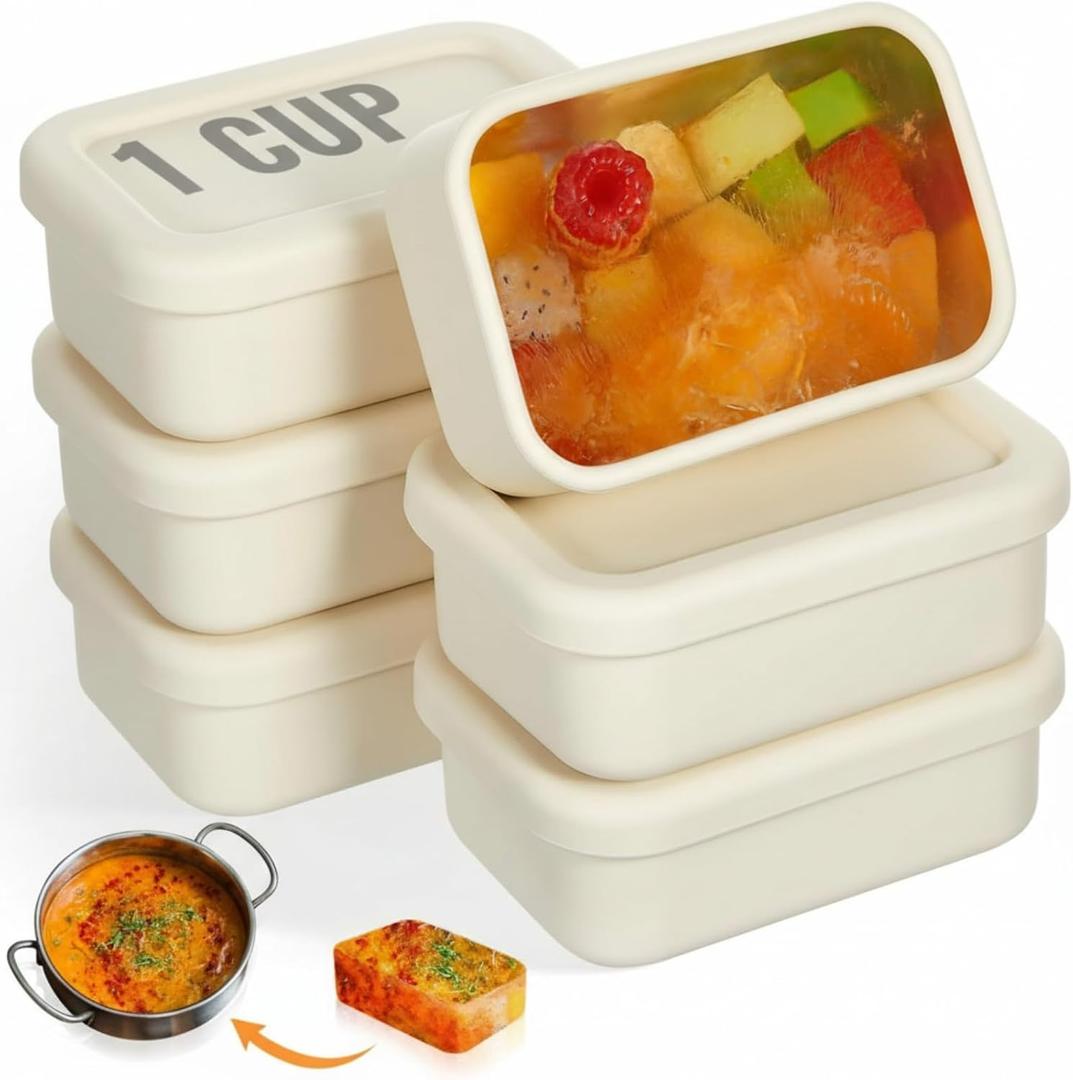 Teenyyou 6 Packs 1 Cup Silicone Soup Freezer Molds with Lid Silicone Soup Freezer Trays Rectangle Reusable Food Preserving Tray Freezing Sauces Stews(Beige)