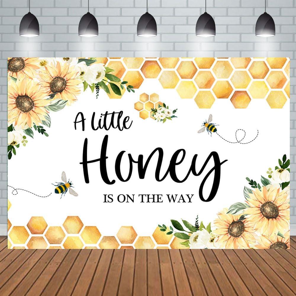 5x3ft Honey Baby Shower Backdrop a Little Honey is on The Way Sunflower Sweet Honeybee Photography Background Gender Reveal Party Decoration Photo Booth Studio Props Cake Table Banner