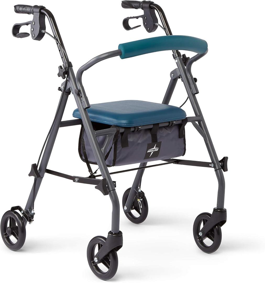Medline Rollator Walker with Seat and Wheels, Folding Walker for Seniors with Microban Protection, Durable Steel Frame Supports up to 350 lbs, 6 inch wheels, Teal