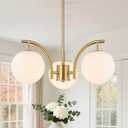 Sputnik Gold Chandelier 3 Lights Globe Milk Glass Pendant Light | Mid Century Adjustable Rod Modern Brass Hanging Light Fixtures for Dining Roon Kitchen Island Foyer