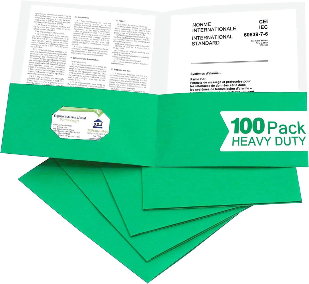 Zzrywuty 100 Packs Paper Green Folders with Pockets for Students,Businessmen and Office Workers,Letter Size,Two Pocket Folders with Card Slot for Office,Business,School Supplies
