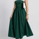 Wenrine Womens Casual Summer Midi Dress Smocked Cap Sleeve Crew Neck Color Block A Line Flowy Beach Dresses (Green, L)