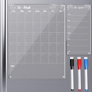 2 Pcs Magnetic Acrylic Calendar for Fridge Clear Dry Erase Monthly and Weekly Calendar Board Reusable Planner Board for Refrigerator Family Kitchen Office Includes 3 Colors Plastic Dry Erase Markers