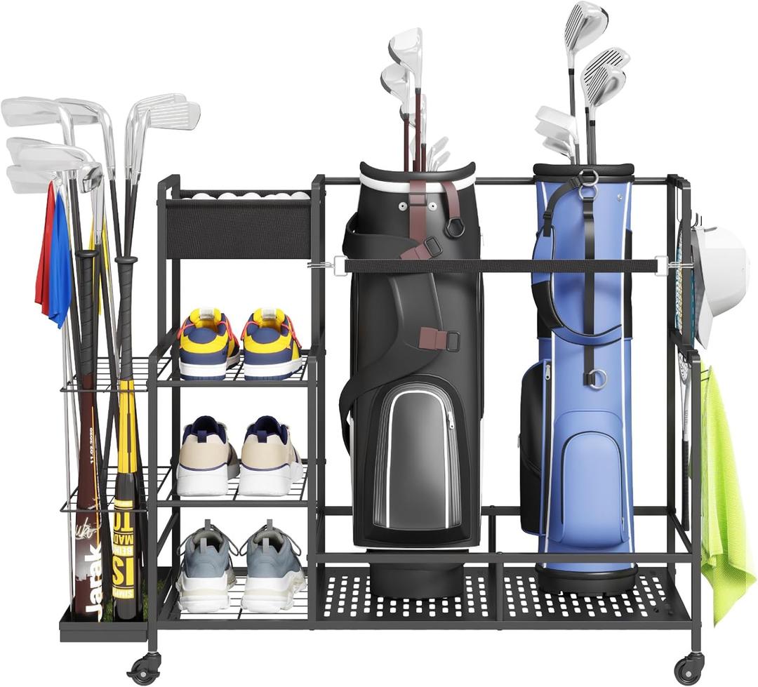 Lifewit Golf Bag Organizer, Golf Bag Stand, Golf Club Holder with Wheels, 4 Removable Hooks, Shoe Racks for Golf Equipment Accessories, Golf Organizers and Storage for Garage, Basement, Shed (Medium)