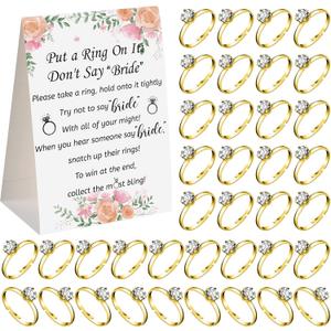 Woanger Put a Ring on It Bridal Shower Game with 50 Fake Rings, Rustic Greenery Theme Wedding Shower Games Wedding and Engagement Rings and Not Say Bride Rules Cards(Bright Flowers,Gold)